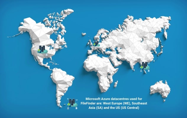 An image of FileFinder Anywhere Microsoft Azure data centers around the world
